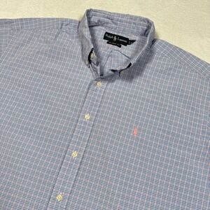 Ralph Lauren Shirt Mens 2XL Blue Pink Plaid Button Down Short Sleeve Classic Fit